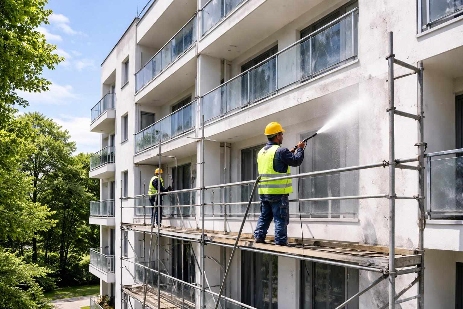 示意圖:工人正在市區住宅外牆進行高壓水槍清洗作業的場景。